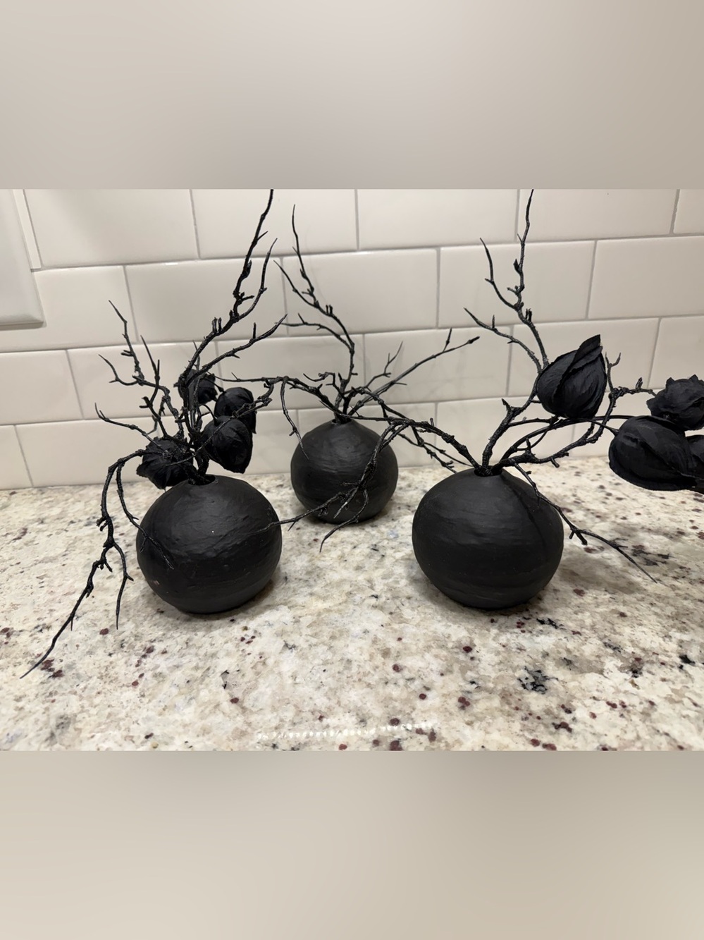 Halloween Black Round Vase with Sculptural Branches & Roses - Set of 3  NWT*